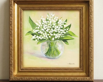 Lily of the valley painting, Small oil painting, Framed wall art flowers, Original floral wall art, Delicate flowers painting
