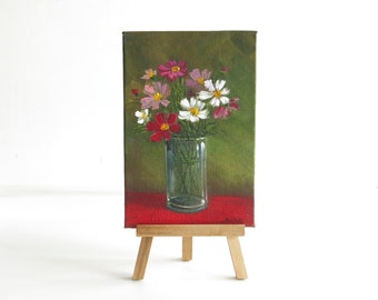 Floral art, Small oil painting flowers, Cosmos flower art, 4x6 painting, Mini canvas painting