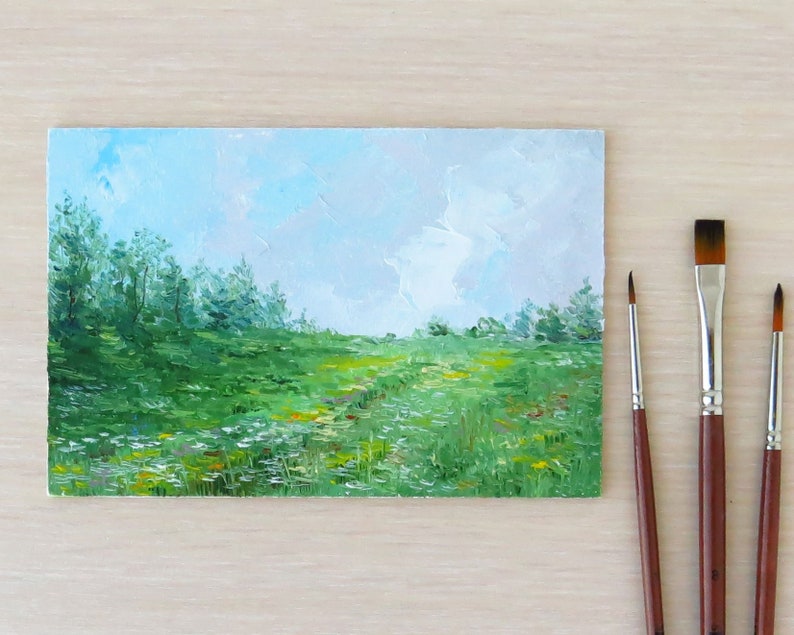 Original landscape painting, Small oil painting, Green fields miniature painting, Nature art image 4