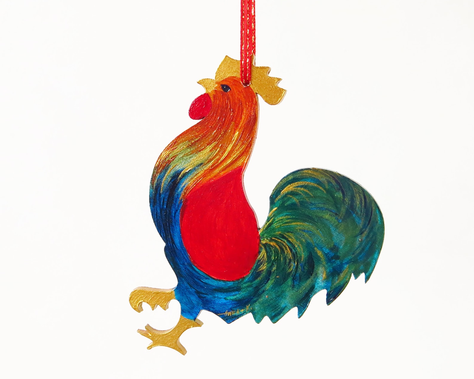 Hand Painted Rooster Ornament Colorful Wooden Rooster Unique Etsy