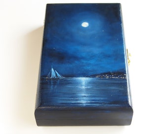 Hand painted keepsake box, Full moon box, Sea lover gift, Small jewelry box, Moon and sea creations, Moon over the ocean