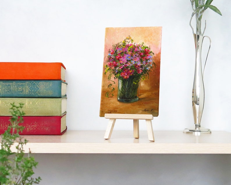 Small floral oil painting Original miniature art Wildflowers art on canvas board Art for desk Mini painting with easel