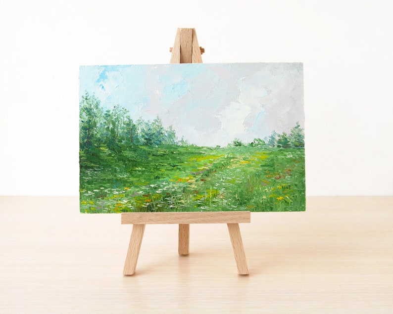 Original landscape painting, Small oil painting, Green fields miniature painting, Nature art image 1