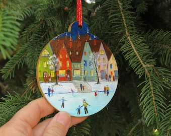 Unique Christmas ornament, Hand painted decorations, Figure skating gift, Winter town ornament