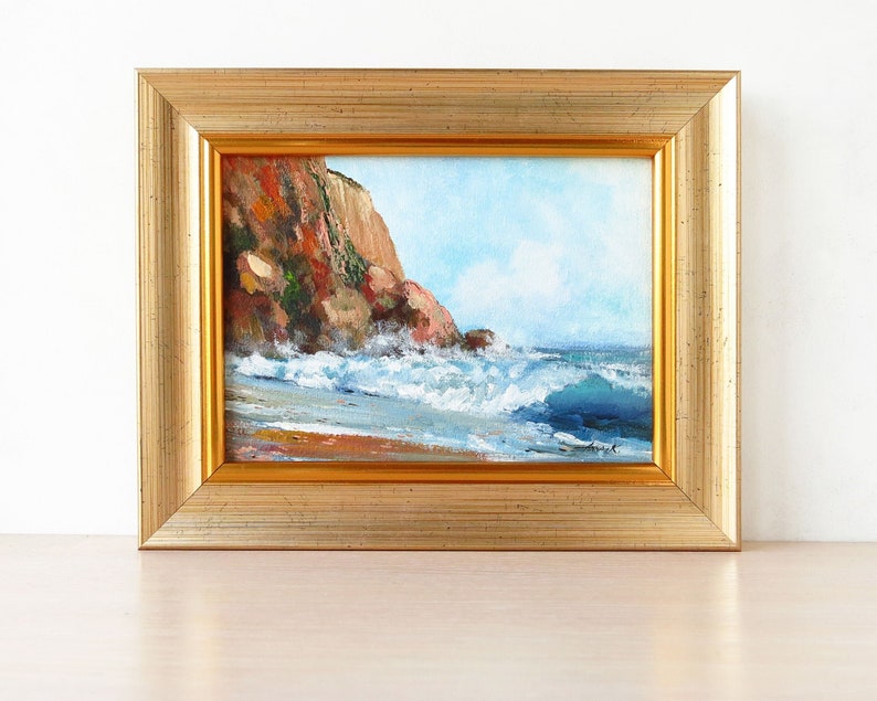 Coastal rocky beach painting, Framed ocean wall art, Stormy seas art, Ocean landscape, Small acrylic painting 5x7 inches image 1