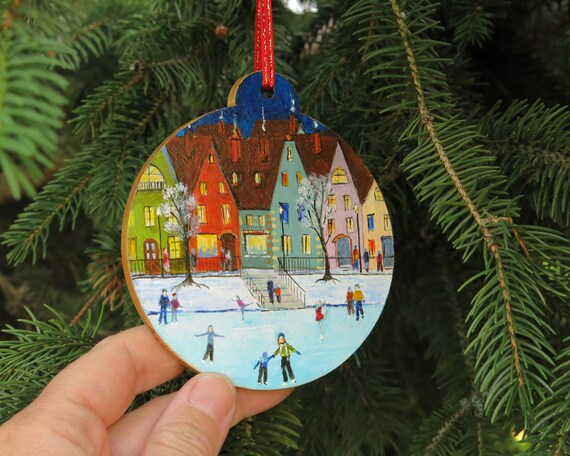 Unique Christmas ornament, Hand painted decorations, Figure skating gift, Winter town ornament