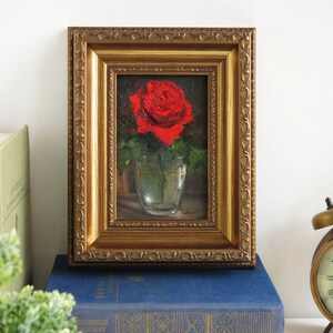 Single red rose painting, Wall art framed, Red rose wall art, Small oil painting, Original painting image 6