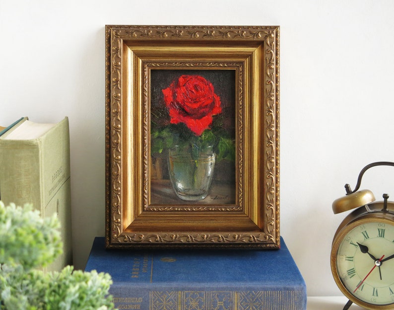 Single red rose painting, Wall art framed, Red rose wall art, Small oil painting, Original painting image 6