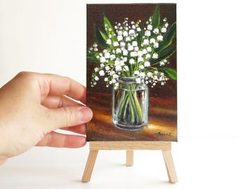 Maiglöckchen Malerei, Original kleines Gemälde, Convallaria Kunstwerk, Blumenkunst, Ölgemälde Blumen