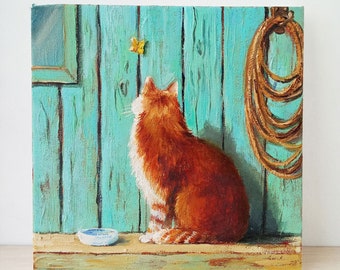 Ginger cat art, Small oil painting on canvas, Cat lover gift, Cat and butterfly wall art, Cute cat painting