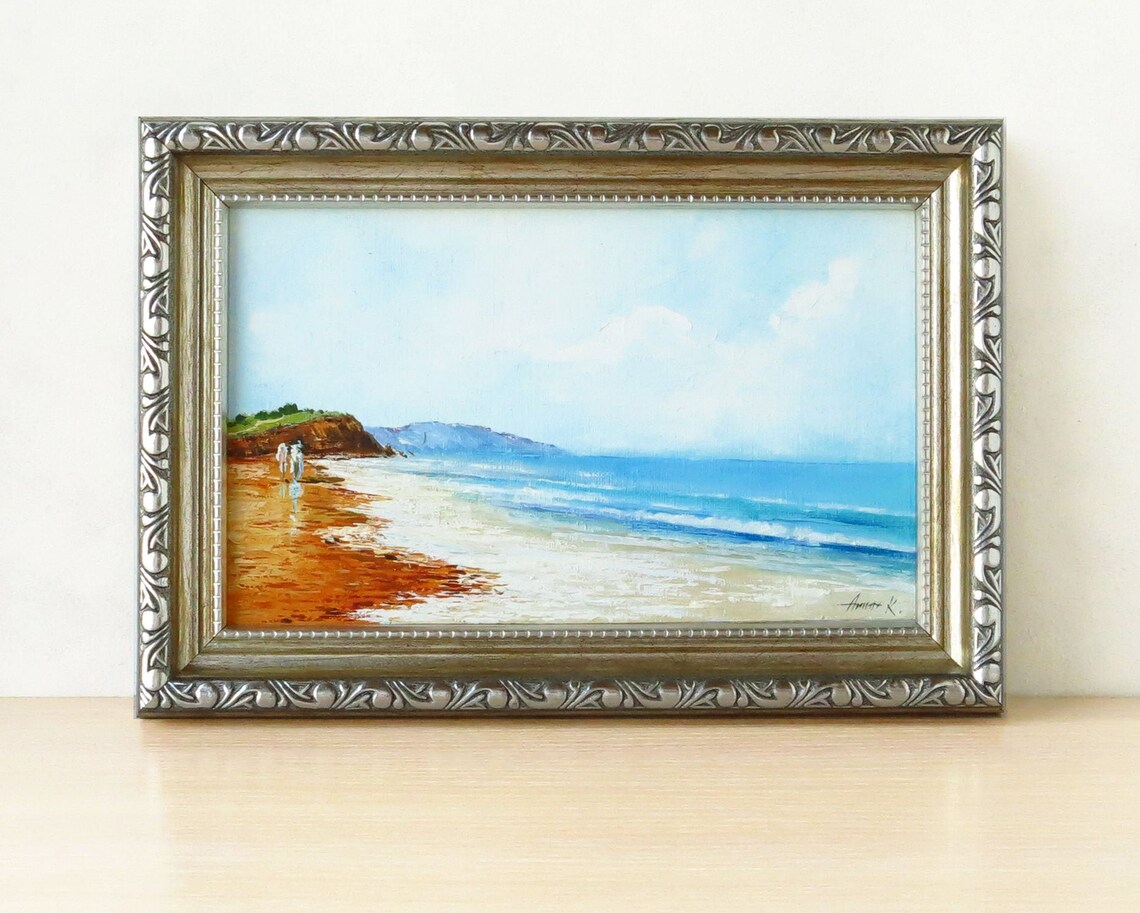 Small framed ocean painting in oil Wall art Seascape blue Etsy