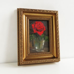 Single red rose painting, Wall art framed, Red rose wall art, Small oil painting, Original painting image 3