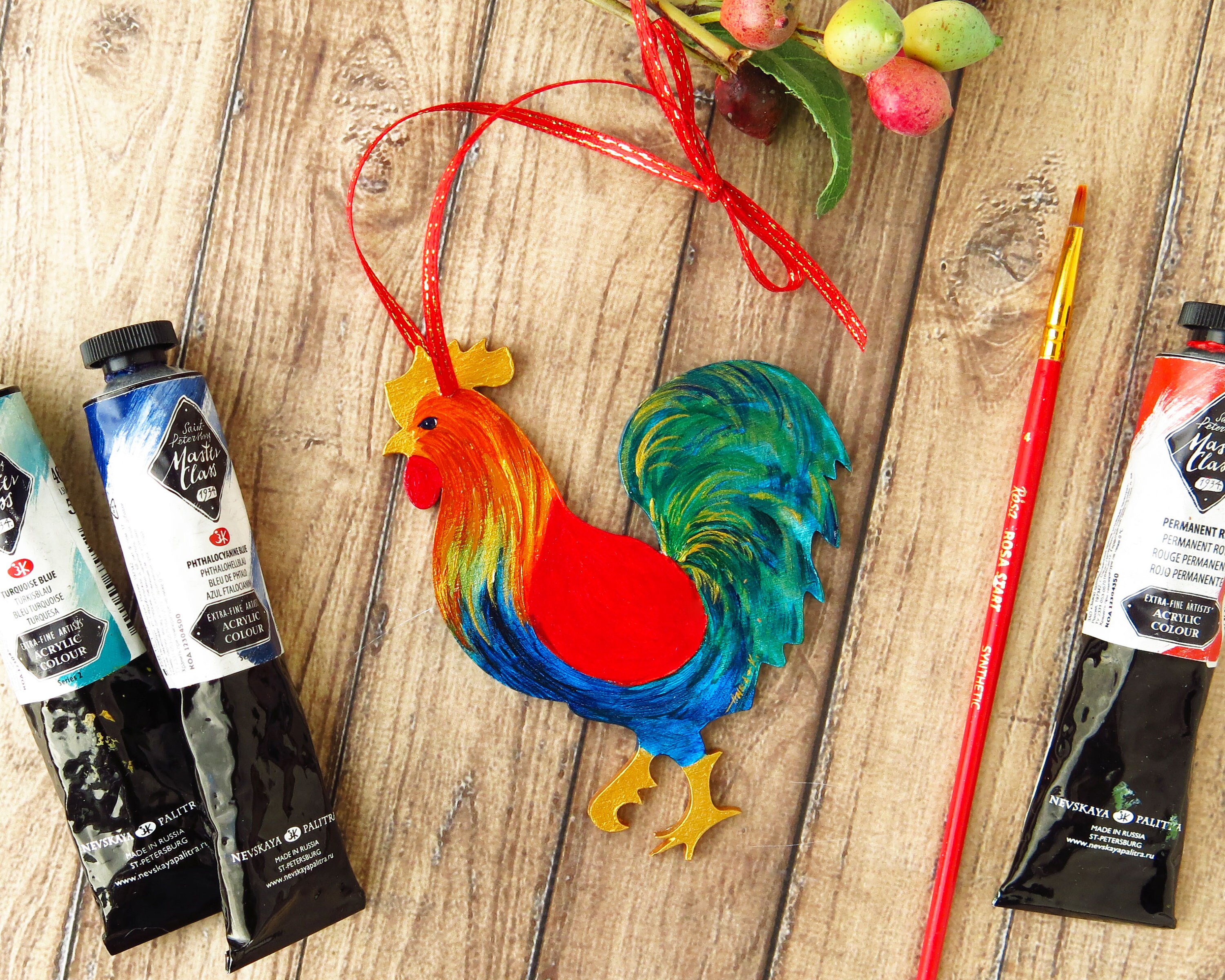 Hand painted rooster ornament Colorful wooden rooster Unique Etsy
