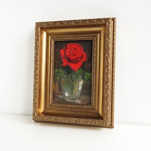 Single red rose painting, Wall art framed, Red rose wall art, Small oil painting, Original painting image 2