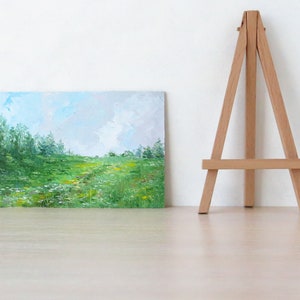 Original landscape painting, Small oil painting, Green fields miniature painting, Nature art image 3