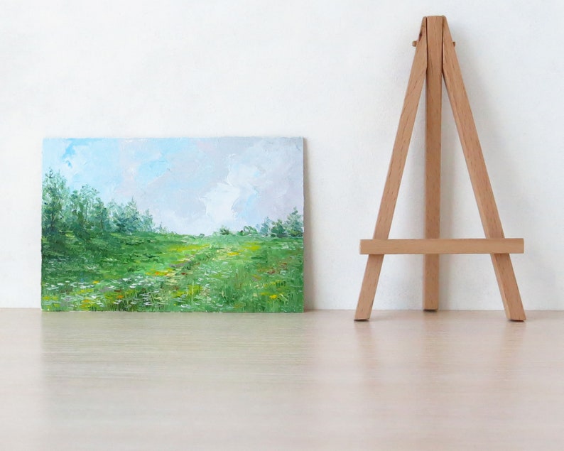 Original landscape painting, Small oil painting, Green fields miniature painting, Nature art image 3
