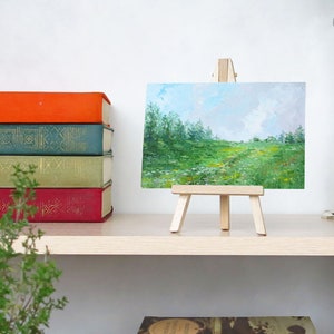Original landscape painting, Small oil painting, Green fields miniature painting, Nature art image 7