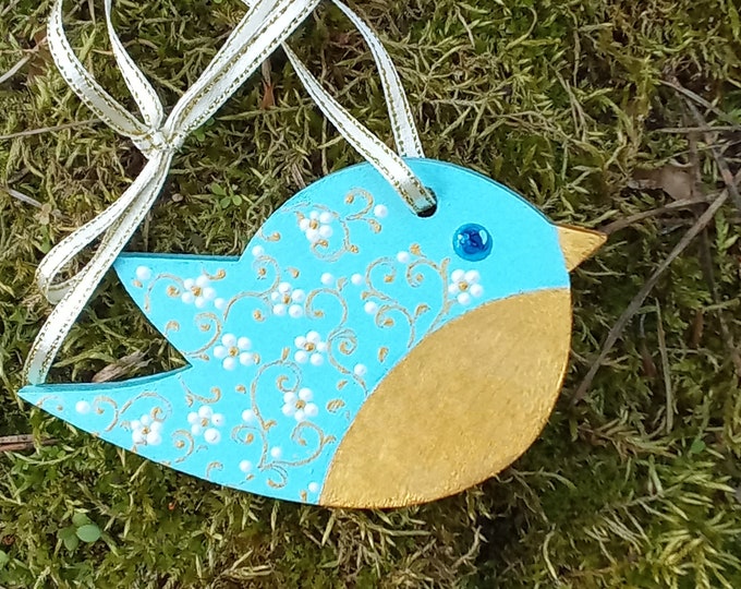 Blue bird ornament, Easter tree ornaments, Blue bird of happiness, Spring decor, Hand painted wooden bird, Bird lover gift