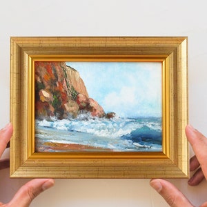 Coastal rocky beach painting, Framed ocean wall art, Stormy seas art, Ocean landscape, Small acrylic painting 5x7 inches image 4