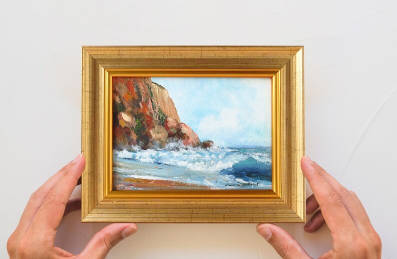 Coastal rocky beach painting, Framed ocean wall art, Stormy seas art, Ocean landscape, Small acrylic painting 5x7 inches image 4