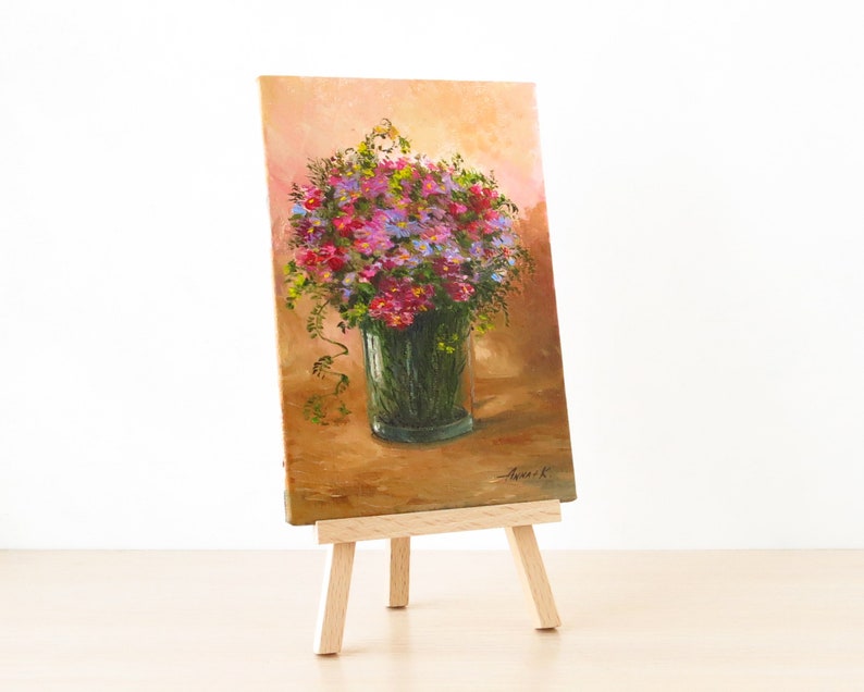 Small floral oil painting Original miniature art Wildflowers art on canvas board Art for desk Mini painting with easel