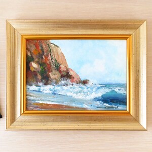 Coastal rocky beach painting, Framed ocean wall art, Stormy seas art, Ocean landscape, Small acrylic painting 5x7 inches image 3