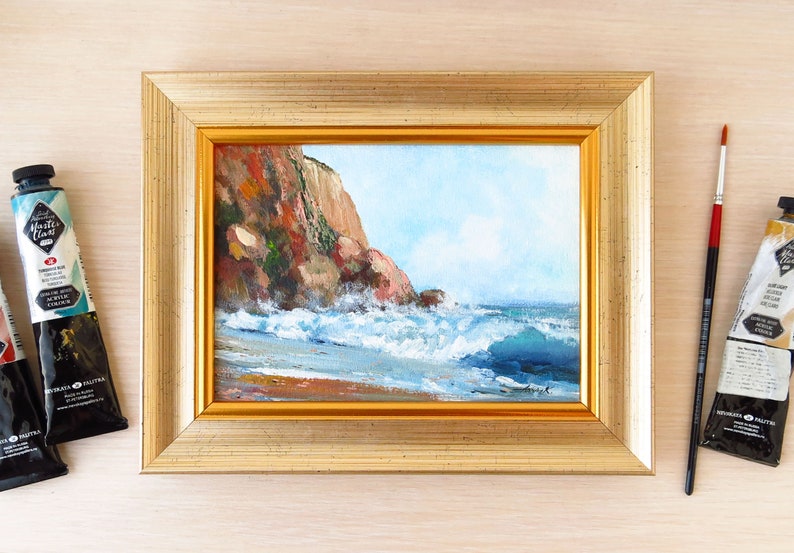 Coastal rocky beach painting, Framed ocean wall art, Stormy seas art, Ocean landscape, Small acrylic painting 5x7 inches image 3