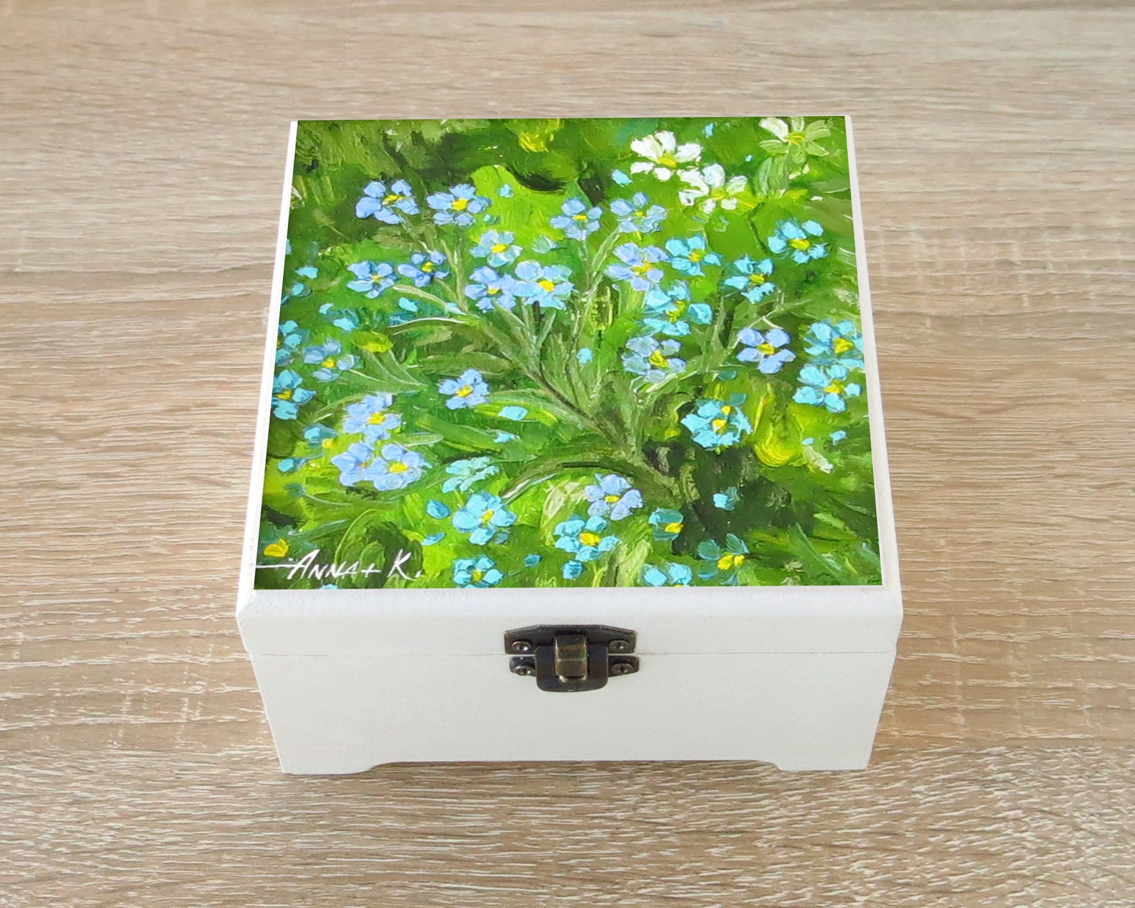 me not Small square jewelry box Wooden painted floral Etsy