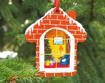 Cabin ornament, Hand painted ornament Christmas, Winter cabin decor, Wooden cabin ornament