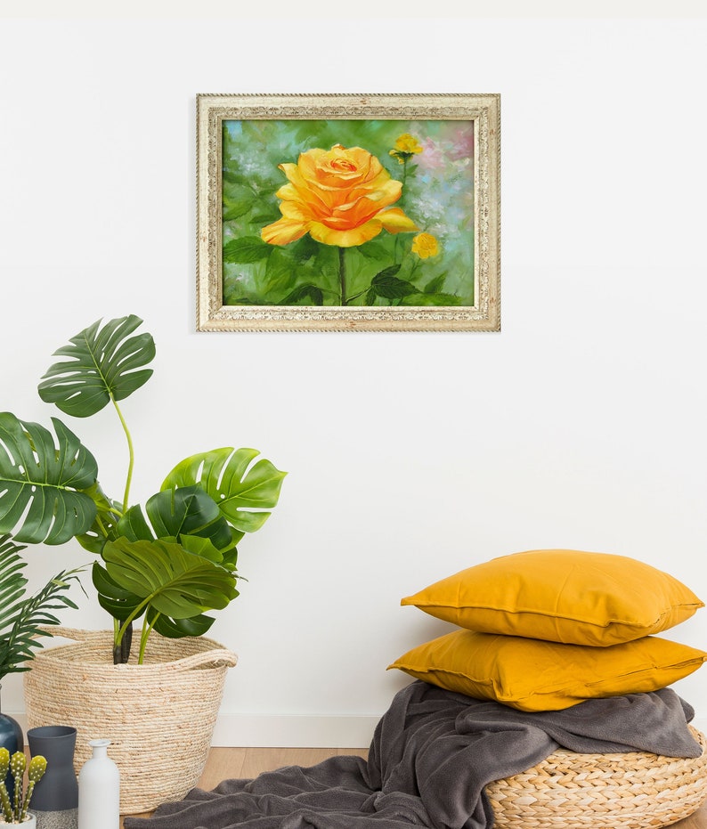 Kunst aan de muur gele roos, origineel olieverfschilderij, schilderij met één roos, kunst aan de muur bloemen ingelijst, kunst aan de muur voor slaapkamer afbeelding 3