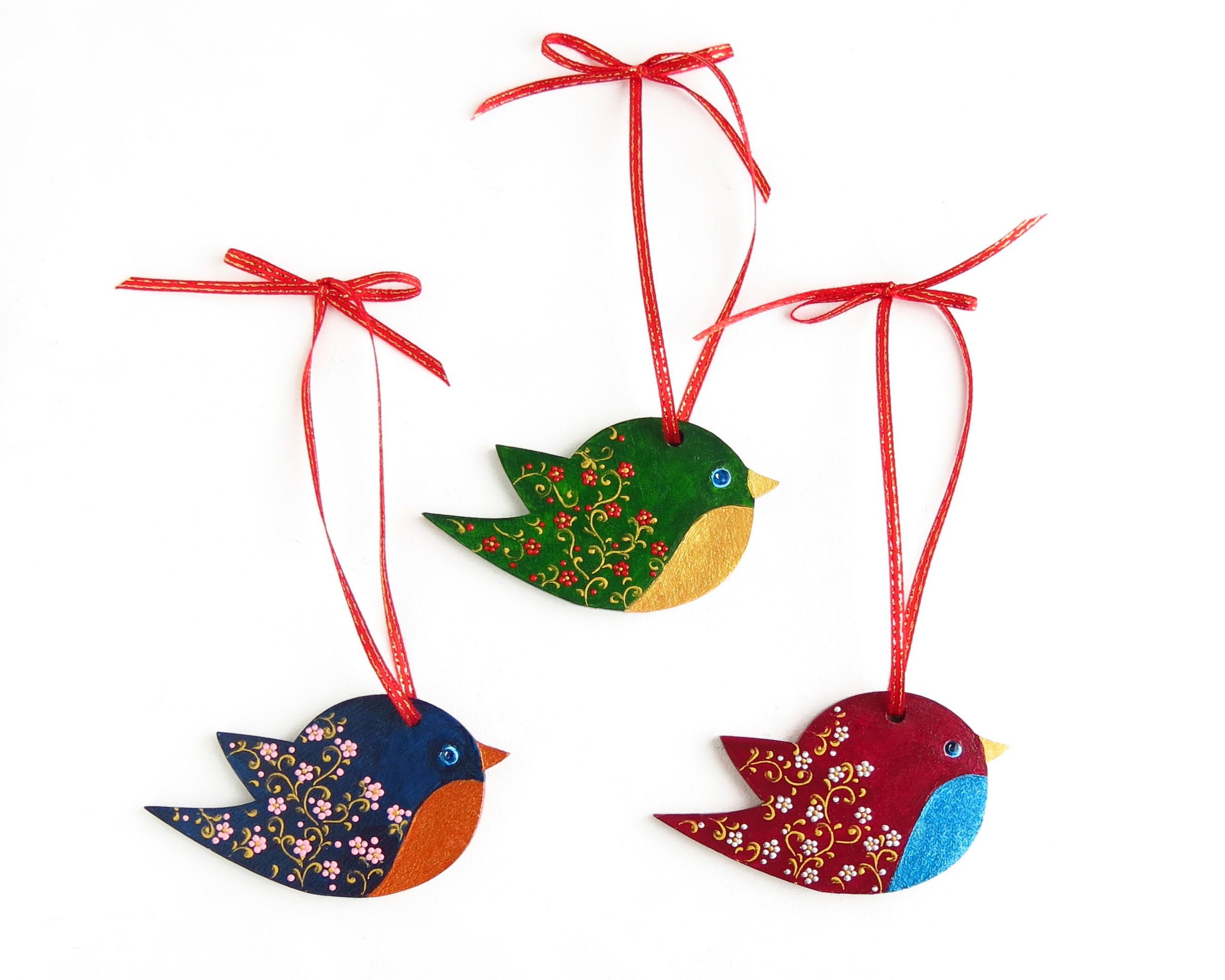 Bird ornaments Christmas Colorful wooden birds Hand painted Etsy