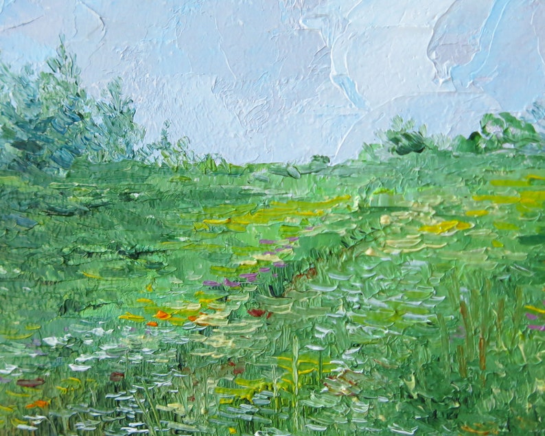 Original landscape painting, Small oil painting, Green fields miniature painting, Nature art image 6