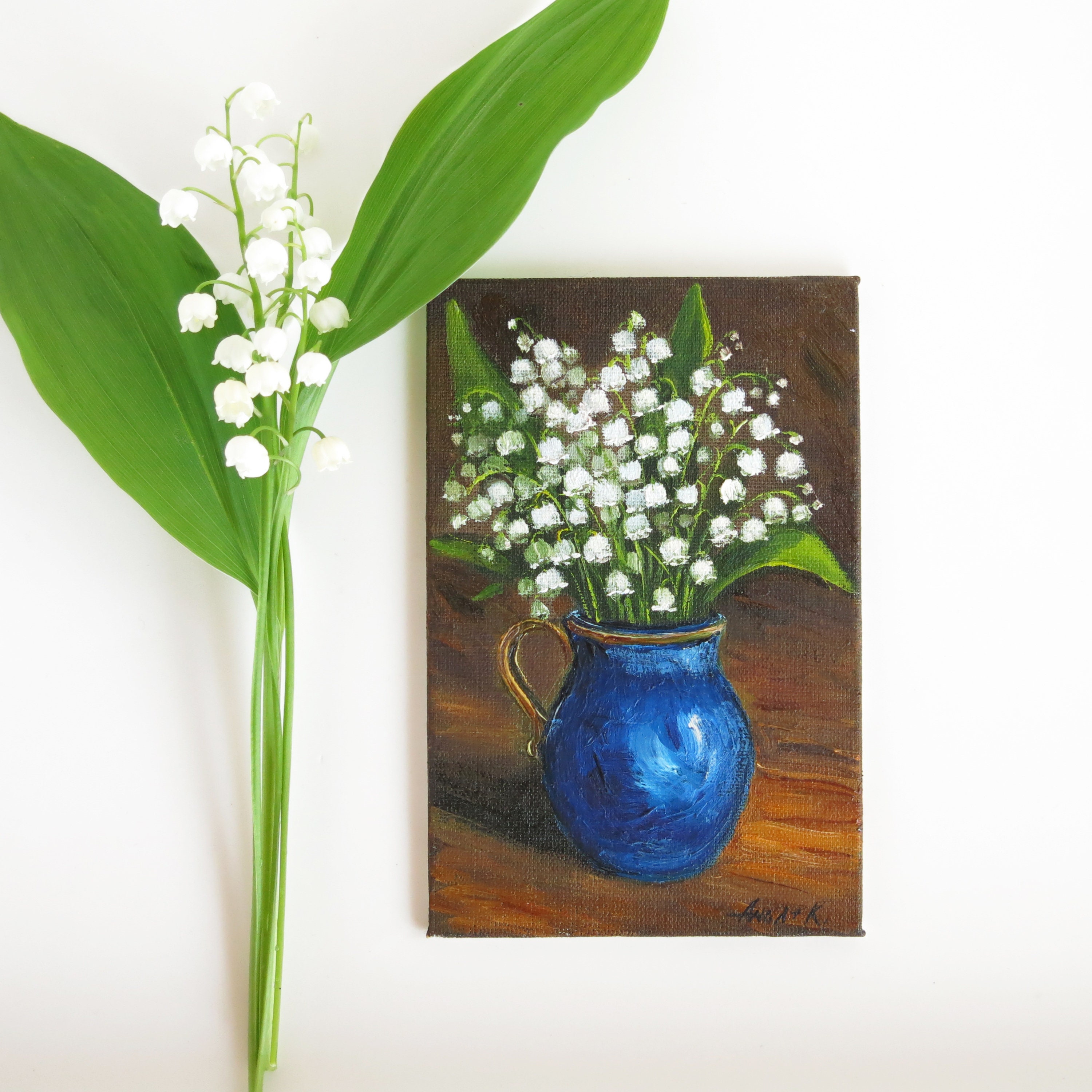 スズランの絵画、オリジナルの小さな絵画、スズランのアートワーク、花