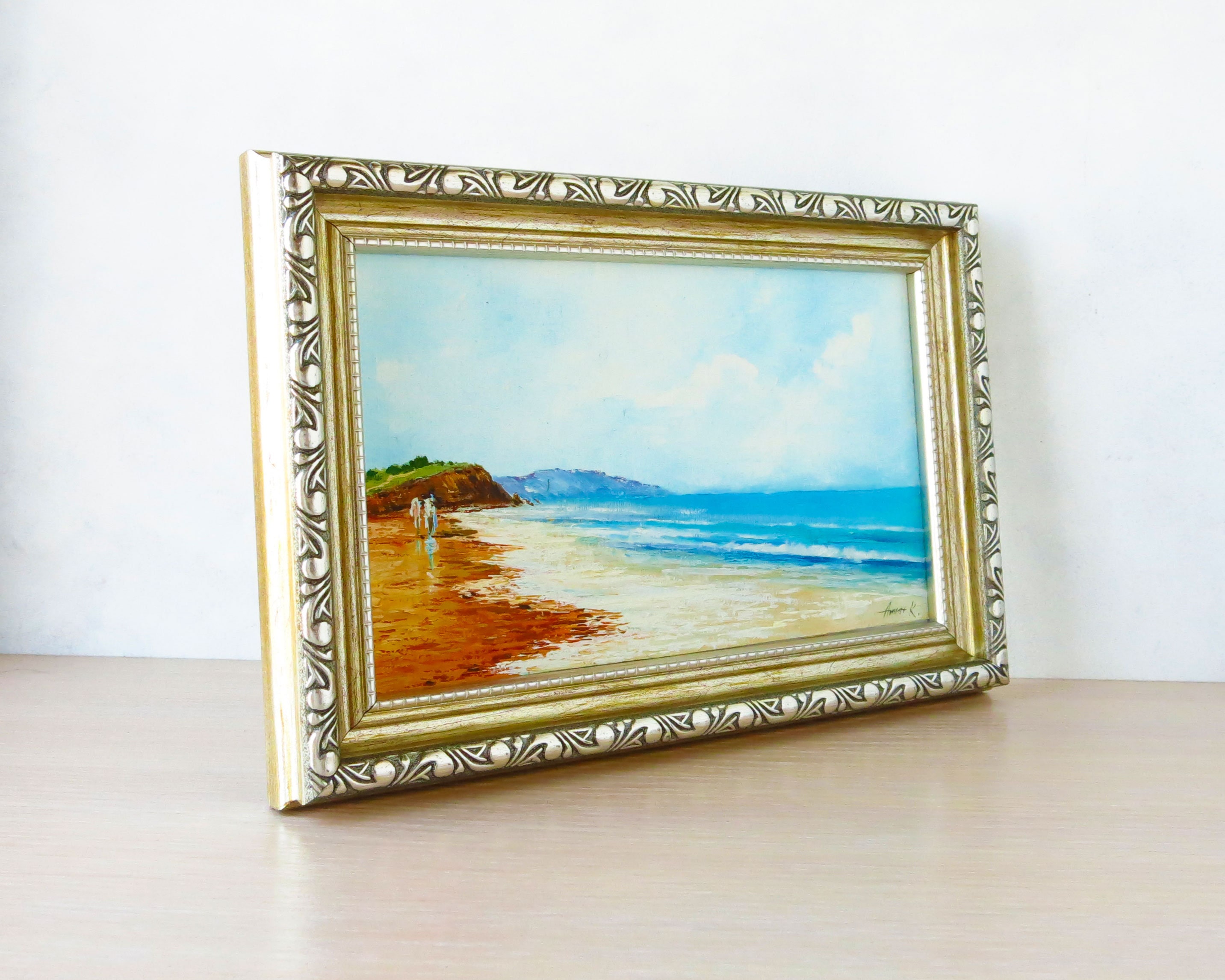 Small framed ocean painting in oil Wall art Blue Seascape Etsy