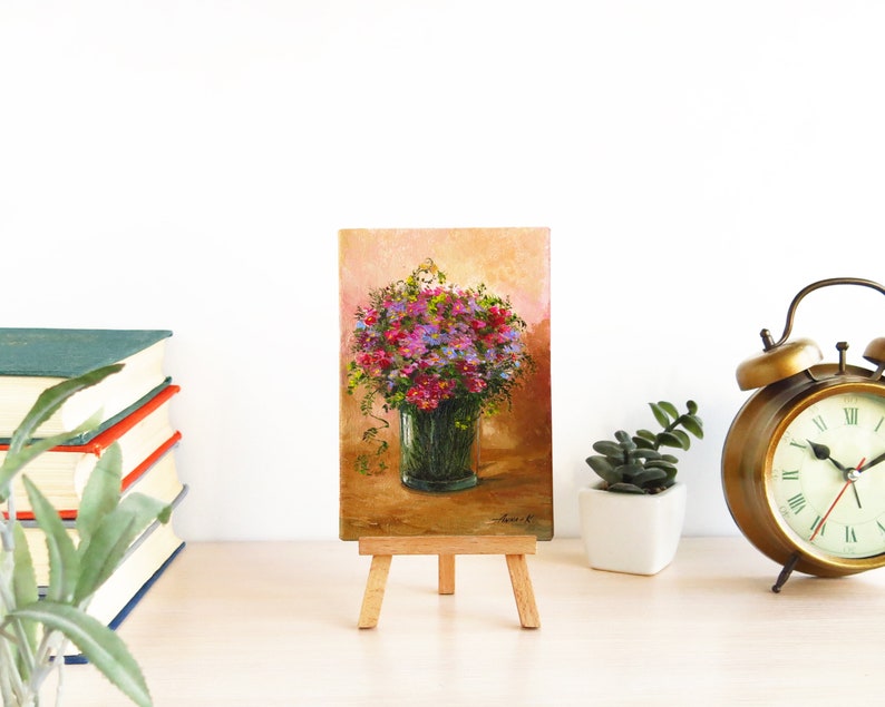 Small floral oil painting Original miniature art Wildflowers art on canvas board Art for desk Mini painting with easel
