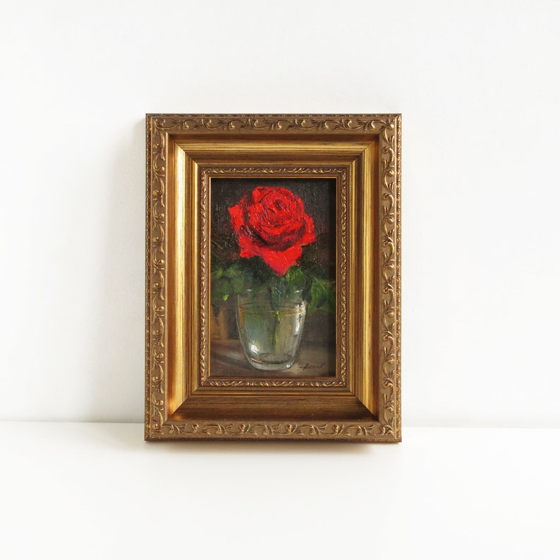 Single red rose painting, Wall art framed, Red rose wall art, Small oil painting, Original painting image 1