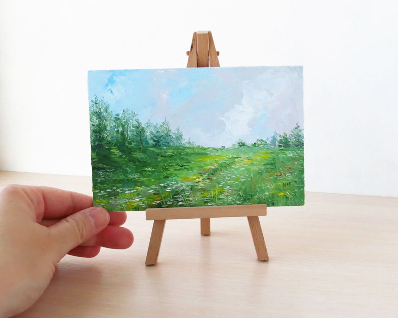 Original landscape painting, Small oil painting, Green fields miniature painting, Nature art image 5