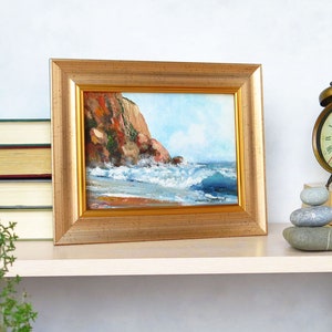 Coastal rocky beach painting, Framed ocean wall art, Stormy seas art, Ocean landscape, Small acrylic painting 5x7 inches image 5