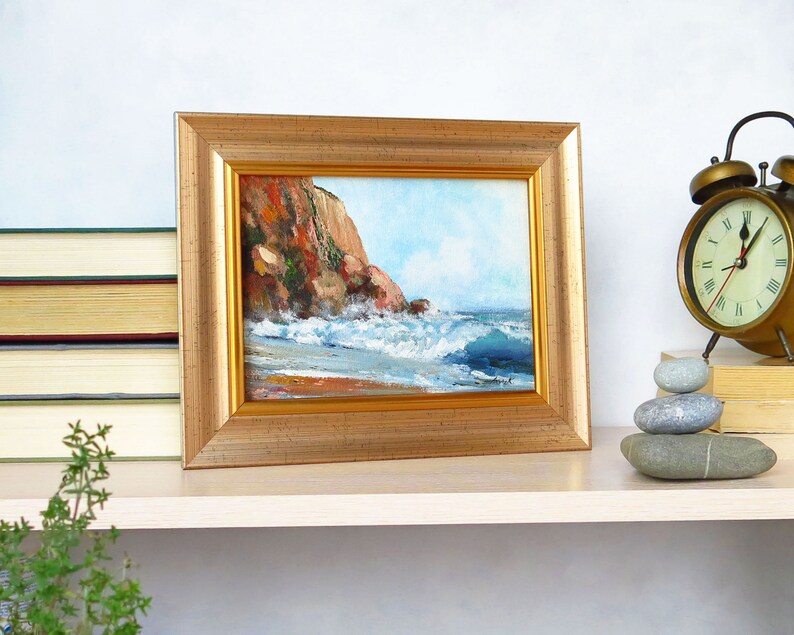 Coastal rocky beach painting, Framed ocean wall art, Stormy seas art, Ocean landscape, Small acrylic painting 5x7 inches image 5