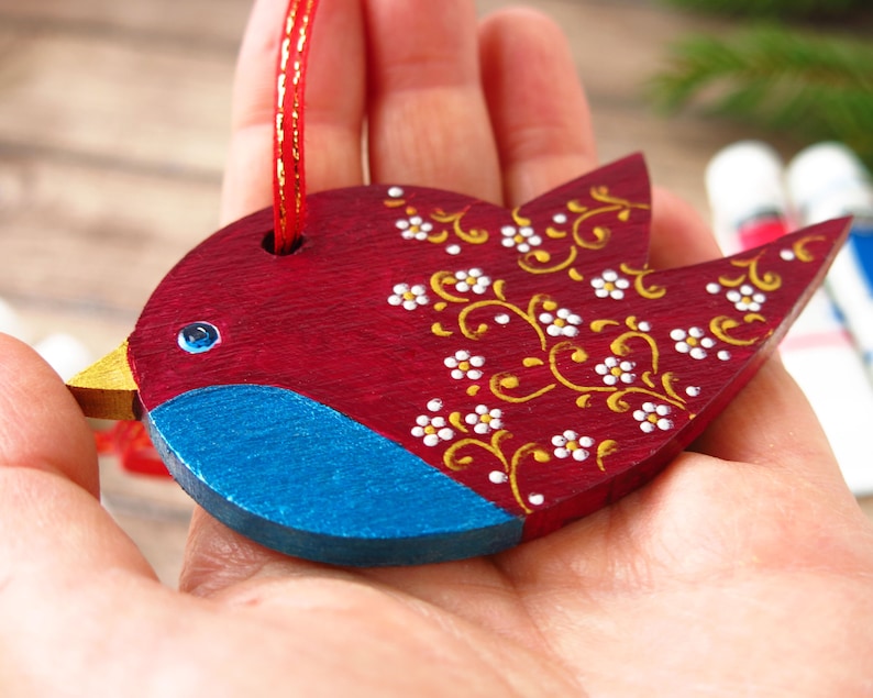 Bird Ornaments Colorful Wooden Birds Hand Painted Ornaments Etsy