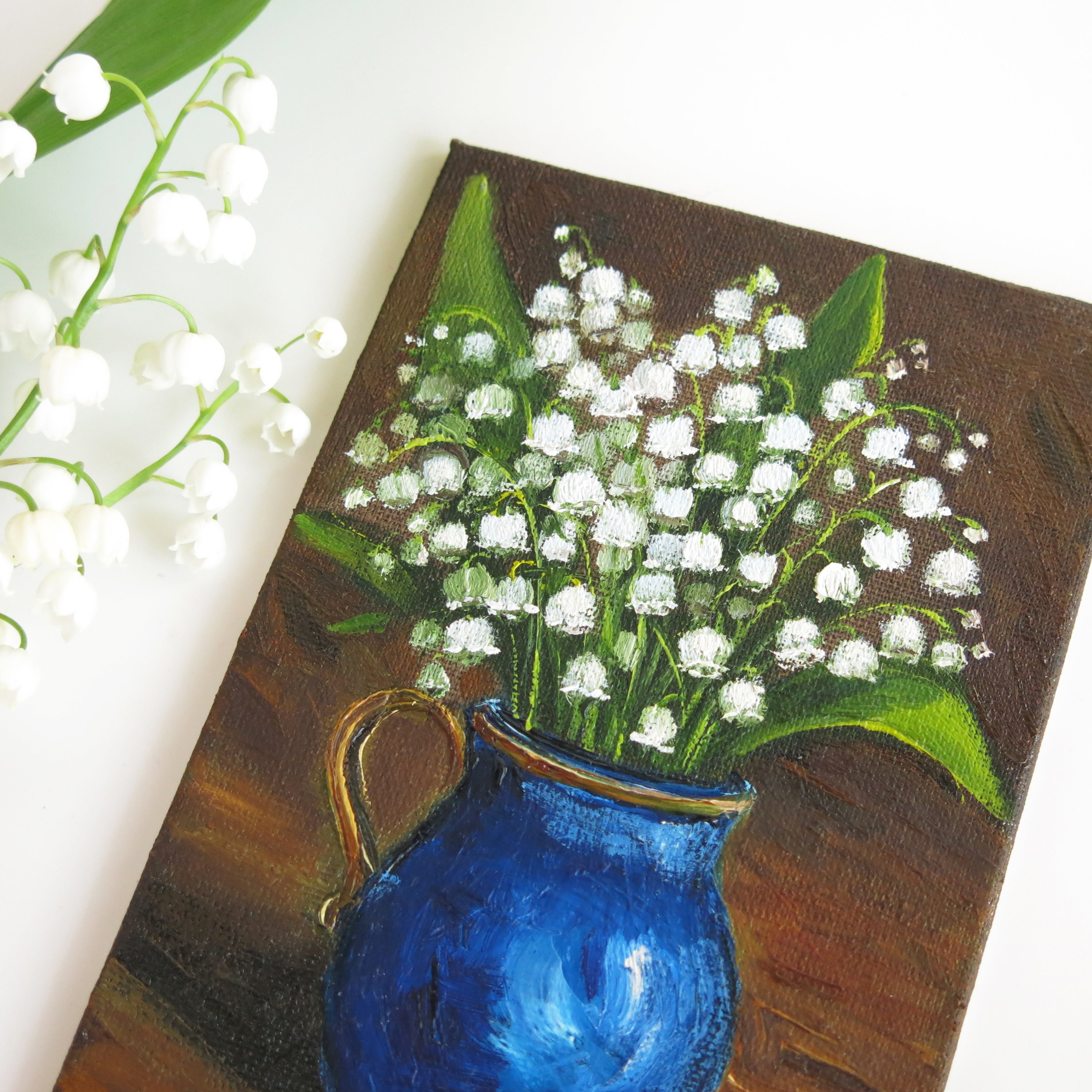 スズランの絵画、オリジナルの小さな絵画、スズランのアートワーク、花