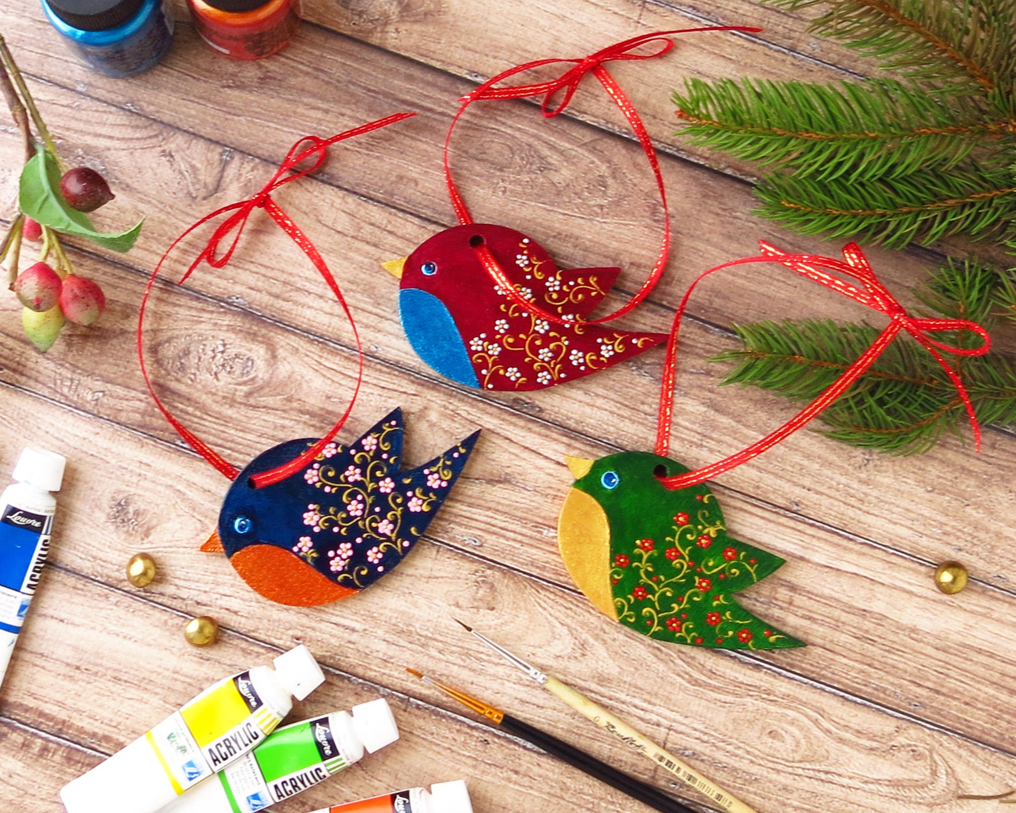 Bird ornaments Christmas Colorful wooden birds Hand painted Etsy