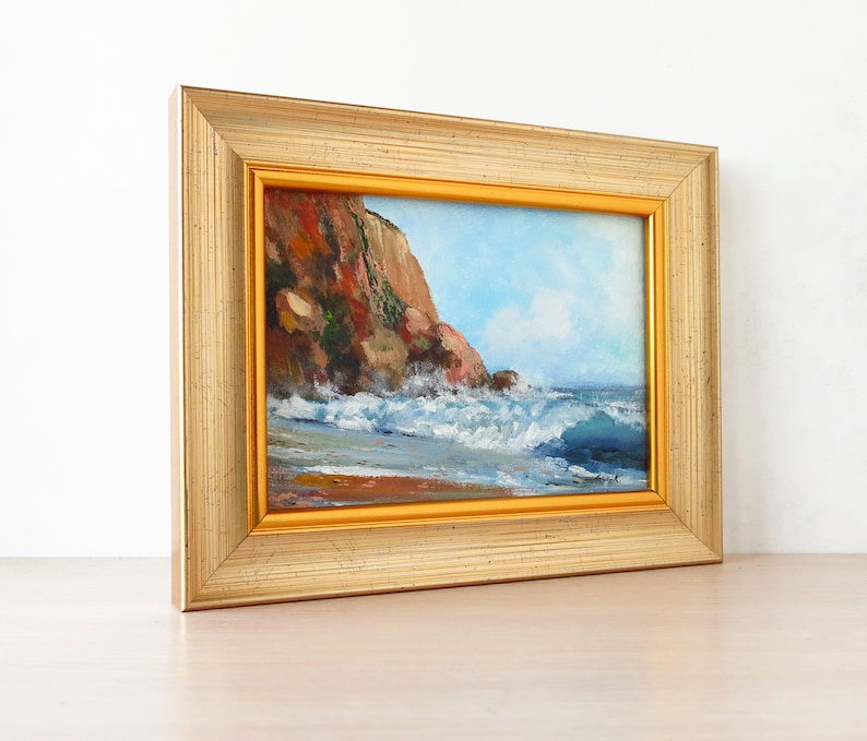 Coastal rocky beach painting, Framed ocean wall art, Stormy seas art, Ocean landscape, Small acrylic painting 5x7 inches image 2