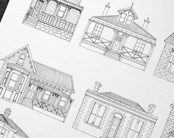 Houses of Hobart | A4 | Hobart print, kunst aan de muur Tasmanië, Hobart architectuur, zwart-wit print, Australia Travel Art