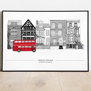Impression Maisons de Londres | A3 | Impression d'art de Londres, Impression d'art, Impression de longitude et de latitude, Impression de Londres, Impression du Royaume-Uni, Impression scandinave, Royaume-Uni