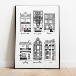 Casas del Mundo / A3 / Impresión de casas, Arquitectura, Arte de Melbourne, Decoración de paredes, Impresión en blanco y negro, Impresión arquitectónica