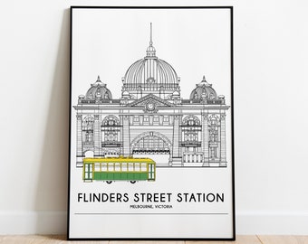 Flinders Street Station-kleur | A4 | Melbourne-print, Flinders Street, Kunstprint, Australië-print, Reisprint, Architecturaal, Melbourne