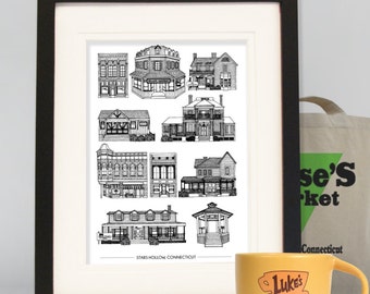 Houses of Stars Hollow, Gilmore Girls, A4 cityscape print, Luke's Diner, Gilmore girls poster, architectural print