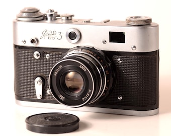 Cámara Leica FED 3 revisada, URSS, película de 35 mm, negra, Industar 61L/D, lente vintage de 52 mm, en perfecto funcionamiento.
