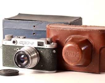 Unique FED-2 Rare Dark Green Serviced CLA USSR Soviet Leica copy 35mm Film Camera Industar 26M 2.8/50mm Lens, Fully Working, Full Set, Box